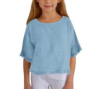 Camisa de Lino para niña, de Media Manga y Volantes, con Cuello Redondo, de Moda, Color Liso, Holgada e Informal, Adecuada para niñas de 5 a 15 años. (Blue, 14-15 Years)