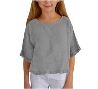 Camisa de Lino para niña, de Media Manga y Volantes, con Cuello Redondo, de Moda, Color Liso, Holgada e Informal, Adecuada para niñas de 5 a 15 años. (Grey, 9-10 Years)