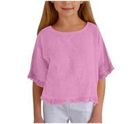 Camisa de Lino para niña, de Media Manga y Volantes, con Cuello Redondo, de Moda, Color Liso, Holgada e Informal, Adecuada para niñas de 5 a 15 años. (Purple, 5-6 Years)
