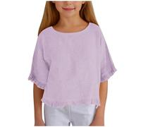 Camisa de Lino para niña, de Media Manga y Volantes, con Cuello Redondo, de Moda, Color Liso, Holgada e Informal, Adecuada para niñas de 5 a 15 años. (Light Purple, 7-8 Years)