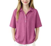 Camisa de lino para niñas, lisa, de gran tamaño, manga corta, con botones, para verano, informal, holgada, de algodón, para escuela, vacaciones, aeropuerto, viajes, ropa de calle, Rosa-B, 13-14 años