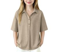Camisa de lino para niñas, lisa, de gran tamaño, manga corta, con botones, para verano, informal, holgada, de algodón, para escuela, vacaciones, aeropuerto, viajes, ropa de calle, Caqui-a, 13-14 años