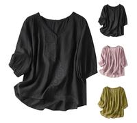 Camisa de Lino Que No Se Arruga, Blusa de Verano con Bordado Delicado, Blusas De Vestir De Mujer CamisetasEstilo Hippie Chic, Manga Murciélago y Cuello en V