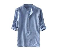 Camisa de lino retro para hombre, color de casa, camisa sólida, azul claro, XL
