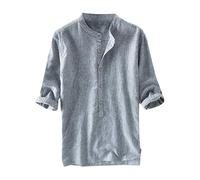 Camisa de lino retro para hombre, color de casa, camisa sólida, azul, XL