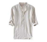 Camisa de lino retro para hombre, color de casa, camisa sólida, beige, M