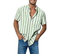 Camisa de lino Slim Fit Henley Shirts Verano Elegante Casual Mangas Cortas Camisas Playa Ajuste Regular Color Camiseta Camisa Hombre Azul Algodón Puro Algodón Agradable al Piel, Verde-f, Medium