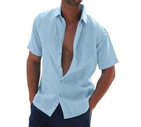 Camisa de lino Slim Fit Henley Shirts Verano Elegante Casual Y Elegante Mangas Cortas Camisas Playa Regular Fit Hombres Camisa Lino Algodón 3/4 Hombre Clásico Y De Moda, Light Blue-1, XXL