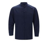 Camisa de lino suave para hombre, camisa de lino suave con botones, camiseta de entrenamiento monocolor, cómoda y suave, de verano, estilo chino, corte regular, sudadera de manga larga, azul marino