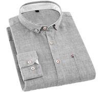 Camisa de lino y algodón de manga larga ajustada para hombre, con bolsillo de parche y botones, para verano, lisa, estilo informal, gris, XS