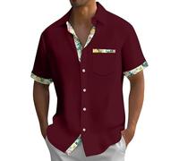 Camisa de lino y algodón para hombre de manga corta de color liso de verano casual cómoda de moda para el ocio playa Tops hawaiana ligero Slim Fit cómodo y transpirable adecuado para el trabajo, Vino