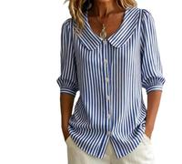 Camisa de manga 3/4 con botones para mujer, a rayas, casual, cuello de muñeca, informal, retro, holgada, de verano, para oficina de negocios, azul, XL