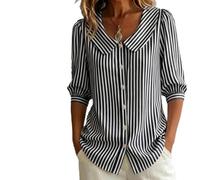 Camisa de manga 3/4 con botones para mujer, a rayas, casual, cuello de muñeca, informal, retro, holgada, de verano, para oficina de negocios, Negro, L