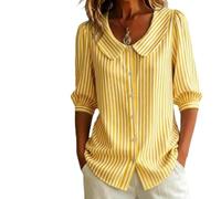 Camisa de manga 3/4 con botones para mujer, a rayas, casual, cuello de muñeca, informal, retro, holgada, de verano, para oficina de negocios, amarillo, XL