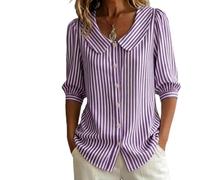 Camisa de manga 3/4 con botones para mujer, a rayas, casual, cuello de muñeca, informal, retro, holgada, de verano, para oficina de negocios, Morado (, L