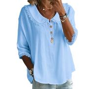 Camisa de manga 3/4 para mujer, informal, holgada, con cuello y encaje, color liso, con botones, talla grande, estilo babydoll, azul, XL