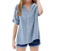 Camisa de manga corta con botones para niñas, cuello alto, informal, lisa, básica, para vacaciones, holgada, azul claro, 5-6 años