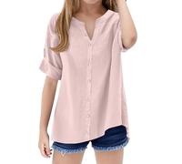 Camisa de manga corta con botones para niñas, cuello alto, informal, lisa, básica, para vacaciones, holgada, rosa, 5-6 años