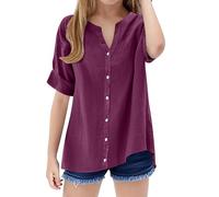 Camisa de manga corta con botones para niñas, cuello alto, informal, lisa, básica, para vacaciones, holgada, Rojo De La Sandía, 5-6 años