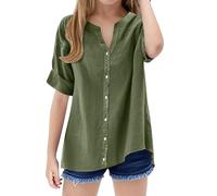 Camisa de manga corta con botones para niñas, cuello alto, informal, lisa, básica, para vacaciones, holgada, verde, 5-6 años