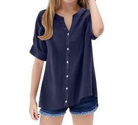 Camisa de manga corta con botones para niñas, cuello alto, informal, lisa, básica, para vacaciones, holgada, azul marino, 5-6 años