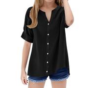 Camisa de manga corta con botones para niñas, cuello alto, informal, lisa, básica, para vacaciones, holgada, Negro, 5-6 años