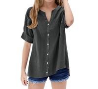 Camisa de manga corta con botones para niñas, cuello alto, informal, lisa, básica, para vacaciones, holgada, gris oscuro, 5-6 años