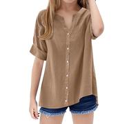 Camisa de manga corta con botones para niñas, cuello alto, informal, lisa, básica, para vacaciones, holgada, café, 5-6 años