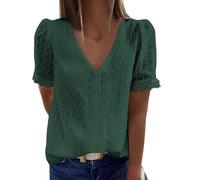 Camisa de manga corta con cuello en V para mujer, elegante, de ganchillo, casual, de gasa, color puro, holgada, verde, S