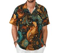 Camisa de manga corta con estampado de cola de fénix, blusa casual de verano con botones, Negro, 6X-Large-8X-Large