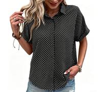Camisa de manga corta con lunares para mujer, cuello de solapa, ajuste holgado, estampado para primavera, verano, otoño, invierno, vacaciones, uso diario, hogar, club (talla L)