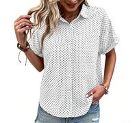 Camisa de manga corta con lunares para mujer, cuello de solapa, ajuste holgado, estampado para primavera, verano, otoño, invierno, vacaciones, uso diario, hogar, club (S, blanco)