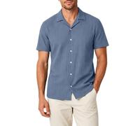 Camisa De Manga Corta con Textura De Rayas Verticales para Hombre, Cuello Cubano Y Cierre Total De Botones, Tejido Transpirable para Verano, Ideal para Ocio Cotidiano, Oficina Informal, Viajes