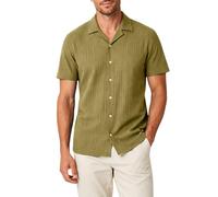 Camisa De Manga Corta con Textura De Rayas Verticales para Hombre, Cuello Cubano Y Cierre Total De Botones, Tejido Transpirable para Verano, Ideal para Ocio Cotidiano, Oficina Informal, Viajes
