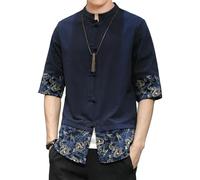 Camisa de manga corta de algodón y lino para hombre, estilo chino, cuello alto, botón de rana, bloque de color, manga de cinco puntos, azul marino, XL