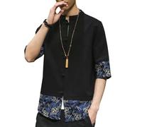 Camisa de manga corta de algodón y lino para hombre, estilo chino, cuello alto, botón de rana, bloque de color, manga de cinco puntos, Negro, L