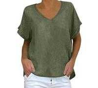 Camisa de manga corta de algodón y lino para mujer, casual, cuello en V, estilo murciélago, holgada, blusa de verano, verde, S