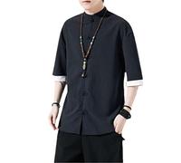 Camisa de Manga Corta de Lino y algodón para Hombre, Camiseta Ajustada con Cuello mandarín de Estilo Chino para Hombre, Camisetas de Verano para Hombre Black M