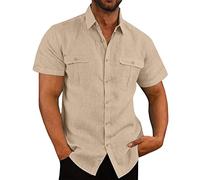 Camisa de Manga Corta Hombre 2024 Algodón y Lino Camiseta Casual Color sólido Cuello en V Botones Verano Moda Original T-Shirt Suelto Fiesta Ligero Transpirable Tops Talla Grande tee