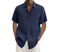 Camisa de manga corta para hombre, ajuste regular, camisetas de verano para hombre, elegante, informal, algodón y lino, camisas de hombre Slim Fit camisa de hombre fantasía azul y flores amarillas
