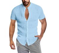 Camisa de manga corta para hombre, ajuste regular, camisetas de verano para hombre, elegante, informal, algodón y lino, camisas de hombre, Slim Fit Camisa de verano para hombre, amplia e informal, Blu