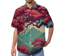 Camisa de Manga Corta para Hombre, Camisa de Verano con Estampado Arces De Color Rojo Cielo, Camisas Estilo Japón Antiguo con Botones, Ajuste Regular y Tejido Ligero