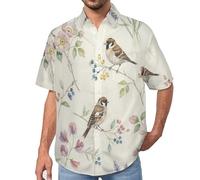 Camisa de Manga Corta para Hombre, Camisa de Verano con Estampado Flores De Jilguero, Camisas Estilo Acuarela con Botones, Ajuste Regular y Tejido Ligero