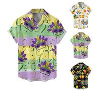 Camisa de manga corta para hombre con máscara de carnaval, tops con botones para eventos de Mardi Gras, camisa divertida festiva de talla grande, fiestas de verano y salidas elegantes, Negro, S