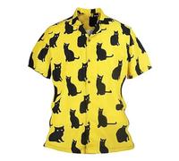 Camisa de manga corta para hombre con motivos de gatos negros, camisa de ocio amarilla con estampado de animales | Divertida camisa de verano para amantes de los gatos, Style_v01 Negro, XL