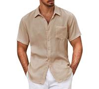 Camisa de manga corta para hombre, de lino, con botones, ligera, de ajuste regular, lisa, con bolsillo, transpirable, refrescante, traje de verano, absorbe la humedad, cómodo, casual, caqui, 4XL