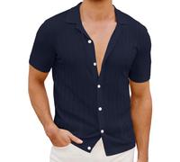 Camisa de manga corta para hombre, de punto, informal, transpirable, con aberturas, para uso diario, de manga corta, para playa, ajustada, de verano, con botones, sencilla, lisa, ajustada, azul, XL