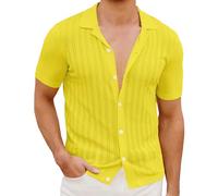 Camisa de manga corta para hombre, de punto, informal, transpirable, con aberturas, para uso diario, de manga corta, para playa, ajustada, de verano, con botones, sencilla, lisa, ajustada, amarillo, S