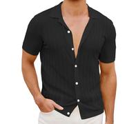 Camisa de manga corta para hombre, de punto, informal, transpirable, con aberturas, para uso diario, de manga corta, para playa, ajustada, de verano, con botones, sencilla, lisa, ajustada, Negro, XXL