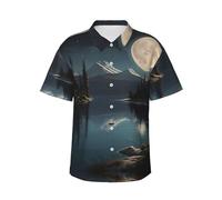Camisa de manga corta para hombre, estilo hawaiano, con estampado de lago iluminado por la luna, camisa de viaje de verano, S-3, Negro, 3XL